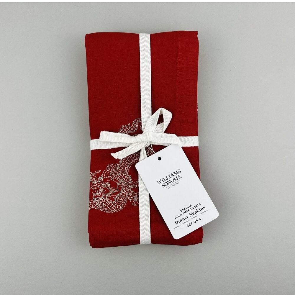Williams Sonoma Dinner Napkins Set 4 Dragon Embroidered Lunar New Year Red NWT